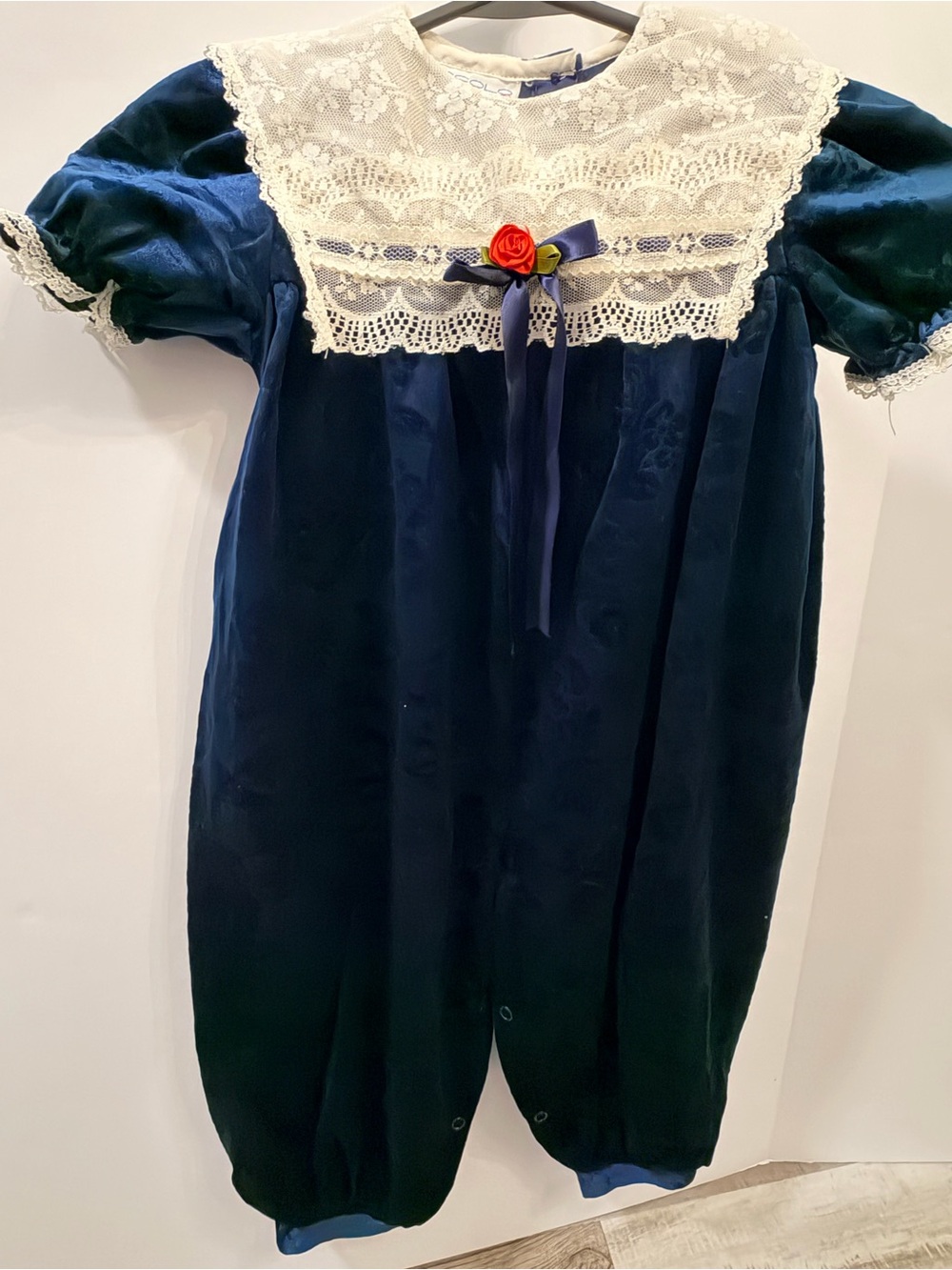 Vintage Piccolo Navy Velvet Lace Collar Romper 3T